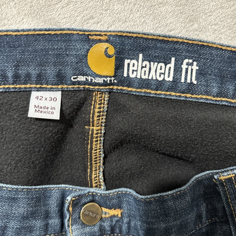 Carhartt Relaxed Fit Men's 42 Blue Jeans Fleece Lined Denim Medium Wash‎ Pockets - Picture 3 of 7